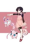  asahina_hiyori bad_id bad_pixiv_id black_eyes black_hair color_connection crossover dress expressionless gen_1_pokemon gen_4_pokemon gen_6_pokemon happiny jigglypuff kagerou_project kangmoro legendary_pokemon mew open_mouth outstretched_arm pink pink_dress pokemon pokemon_(creature) sandals shorts_under_dress simple_background sylveon twintails 