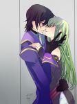  1boy 1girl 2017 black_gloves black_sleeves brown_hair c.c. code_geass couple detached_sleeves eye_contact gloves green_hair grey_neckwear hand_on_another&#039;s_hip hand_on_another's_hip highres hug imminent_kiss jacket lelouch_lamperouge long_hair long_sleeves looking_at_another parted_lips purple_eyes purple_jacket roman_buriki short_shorts shorts signature very_long_hair white_shorts yellow_eyes 