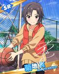  basketball basketball_court basketball_hoop black_hair blush brown_eyes character_name character_signature idolmaster idolmaster_(classic) idolmaster_million_live! kikuchi_makoto official_art pantyhose short_hair smile solo vest 