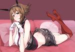  amami_amayu belt breasts brown_hair gloves green_eyes headgear kantai_collection large_breasts looking_at_viewer lying miniskirt mutsu_(kantai_collection) pillow red_legwear short_hair skirt smile solo thighhighs white_gloves 