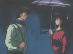  1boy 1girl 80s animated animated_gif character_request godai_yuusaku long_hair maison_ikkoku oldschool otonashi_kyouko rain shogakukan slapping umbrella 