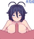  ahoge animated animated_gif black_hair blue_eyes borrowed_character breasts glasses hajime_(yuuhi_homare) hetero large_breasts lowres nude original paizuri penis pixel_art sb_(coco1) solo_focus work_in_progress 