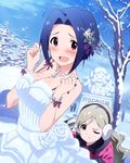  artist_request blue_hair blush brown_hair dress earmuffs hair_ornament handa_roko hat idolmaster idolmaster_(classic) idolmaster_million_live! jewelry looking_at_viewer miura_azusa multiple_girls necklace official_art red_eyes short_hair snow snow_sculpture snowflake_hair_ornament 