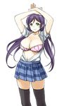  arms_up black_legwear bra breasts dress_shirt green_eyes highres large_breasts long_hair love_live! love_live!_school_idol_project low_twintails navel open_clothes open_shirt otonokizaka_school_uniform pas_(paxiti) plaid plaid_skirt pleated_skirt purple_hair school_uniform shirt skindentation skirt sleeves_rolled_up smile solo strapless strapless_bra thighhighs toujou_nozomi twintails underwear zettai_ryouiki 