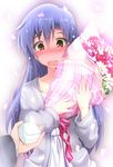  blue_hair blush bouquet brown_eyes flower highres idolmaster idolmaster_(classic) jewelry kisaragi_chihaya long_hair natsu_(anta_tte_hitoha) open_mouth outstretched_arm ring solo sweatdrop wavy_mouth 