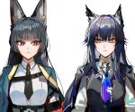  2girls absurdres animal_ear_fluff animal_ears arknights black_hair black_jacket black_necktie black_vest blue_necktie blunt_sidelocks cloak closed_mouth collared_shirt commentary crossover english_commentary fox_ears fox_girl green_cloak highres hoshimi_miyabi jacket jacket_on_shoulders kanniiepan long_sleeves multiple_girls necktie orange_eyes red_eyes shirt shirt_tucked_in sidelocks simple_background texas_(arknights) texas_the_omertosa_(arknights) upper_body vest white_background white_shirt wolf_ears wolf_girl zenless_zone_zero 