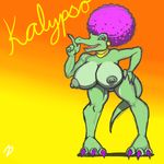  3_toes afro anthro areola big_breasts breasts claws crocodile donkey_kong_(series) ear_piercing erect_nipples fangs female green_nipples hip_grab kalypso looking_at_viewer nintendo nipples nude open_mouth orange_background piercing plain_background red_eyes reptile scalie shadow sharp_teeth solo spread_legs spreading teeth toe_claws toes tongue video_games yellow_background zp92 
