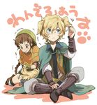  1girl animal_ears awaguri blonde_hair blue_eyes braid brown_eyes brown_hair cape dog_ears dog_tail fingerless_gloves freckles gloves hat isuzu_(log_horizon) log_horizon long_hair lunderhaus_cord ponytail short_hair tail 