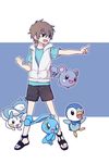  amamiya_hibiya azurill bad_id bad_pixiv_id blue brown_eyes brown_hair clenched_hand gen_3_pokemon gen_4_pokemon hood hoodie kagerou_project kangmoro manaphy open_mouth outline outstretched_arm pachirisu piplup pointing pokemon pokemon_(creature) sandals short_hair shorts simple_background 