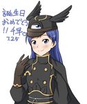  1girl arc_system_works blazblue blue_eyes blue_hair blush cape cosplay female gloves hat idolmaster imai_asami kisaragi_chihaya long_hair military military_uniform naginoya namco seiyuu_connection smile solo translation_request tsubaki_yayoi tsubaki_yayoi_(cosplay) uniform 