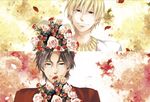  blonde_hair blue_eyes bouquet brown_hair facial_hair fate/zero fate_(series) flower goatee ichitaka multiple_boys red_eyes toosaka_tokiomi 