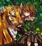  animal brown_hair closed_eyes danganronpa danganronpa_1 dappled_sunlight fujisaki_chihiro nia_(yachi74) otoko_no_ko school_uniform short_hair sunlight tiger 