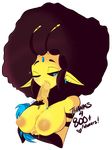  afro antennae bee_girl big_hair black_sclera blue_eyes breast_hold breasts brown_hair earrings food food_in_mouth half-closed_eyes highres insect_girl jewelry kimmi large_breasts messy nipples one_eye_closed original phallic_symbol pointy_ears popsicle puffy_nipples queen_bee_(kimmi) sexually_suggestive skirt source_request thank_you transparent_background upper_body yellow_skin 
