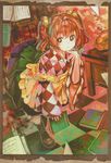  absurdres apron bell book checkered hair_bell hair_ornament highres jingle_bell looking_at_viewer motoori_kosuzu organ_derwald red_eyes red_hair solo touhou two_side_up wide_sleeves 