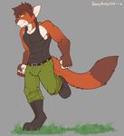  abs anthro belt biceps boots brown_hair brown_nose bulge cat clothing feline footwear fur grin hair male mammal muscles orange_fur pants pecs pose running shirt smile solo spazzyhusky standing tank_top tight_clothing toned yellow_eyes 