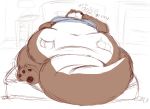  ambiguous_gender anthro barefoot bed belly big_belly bottomless brown_fur burping chubby_cheeks clothed clothing dialogue disembodied_hand featureless_crotch fur hyper hyper_belly inside lying mammal morbidly_obese mustelid navel obese on_back on_bed otter overweight pawpads simple_background squish tan_fur text thick_tail thick_thighs two-grapes wide_hips 