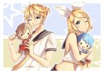  1boy 1girl ;o bangs black_sailor_collar blonde_hair blue_eyes bow character_doll crop_top grin hair_between_eyes hair_bow hair_ornament hairclip kagamine_len kagamine_rin kaito looking_at_viewer meiko midriff navel necktie one_eye_closed parted_bangs parted_lips sailor_collar shirt short_hair short_sleeves sleeveless sleeveless_shirt smile stomach vocaloid white_bow white_shirt yellow_neckwear yen-mi 