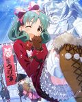  brown_eyes gloves green_eyes green_hair grey_hair handa_roko ice_sculpture idolmaster idolmaster_million_live! multiple_girls official_art one_eye_closed tokugawa_matsuri 