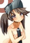  between_breasts blush breast_squeeze breasts brown_eyes brown_hair collarbone hat highres kantai_collection long_hair looking_at_viewer maokyu nipples nude object_hug ryuujou_(kantai_collection) sexually_suggestive small_breasts solo sweat sweatdrop torpedo twintails 