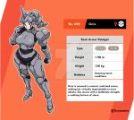  armor artist_name bad_source black_bodysuit bodysuit character_name character_profile commentary deviantart_logo deviantart_username english_commentary english_text expressionless fake_horns full_body greaves grey_armor grey_eyes height helmet high_heels horned_helmet horns looking_at_viewer onix orange_background personification pokedex_number pokemon pokemon_sword_and_shield shoulder_armor taruyamame venus_symbol watermark weight 