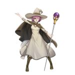  1girl :3 :d ;d artist_request boots breasts brown_boots character_request cleavage cloak dress full_body furry furry_female game_asset green_cloak green_eyes hair_between_eyes hat holding holding_staff knee_boots long_dress looking_at_viewer mage_staff medium_breasts medium_hair official_art one_eye_closed open_mouth purple_hair simple_background smile solo staff standing straight-on tate_no_yuusha_no_nariagari tate_no_yuusha_no_nariagari_rise three-quarter_sleeves transparent_background white_dress white_hat witch witch_hat 