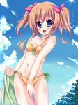  bikini blue_eyes brown_hair fang highres long_hair original solo suzaku_(oekaki_no_sekai) swimsuit towel twintails 