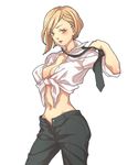 1girl blonde_hair breasts brown_eyes cleavage elena_(ff7) female final_fantasy final_fantasy_vii koko-1109 looking_at_viewer midriff navel solo standing unbuttoned 