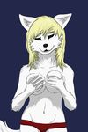  blonde_hair breasts canine female front_view fur green_eyes hair holding_breasts mammal red_panties smile solo wearethew white_fur wolf 