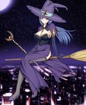  black_legwear blue_eyes breasts city covered_nipples dress gauntlets hat highres lace lace-trimmed_thighhighs large_breasts legs long_legs night nipples original purple_dress purple_eyes ryuuzouji_usagi see-through sitting sky smile solo thighhighs thighs witch witch_hat 