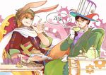  :q alice_in_wonderland animal_ears bad_id bad_pixiv_id blonde_hair broccoli_(arupuru) brown_hair bunny_ears chair character_request cowboy_shot cup fake_animal_ears floral_print food food_on_face gears gloves green_eyes hat holding holding_cup looking_at_viewer male_focus monocle multiple_boys simple_background sitting smile speech_bubble table tablecloth talking teapot tongue tongue_out top_hat translation_request 