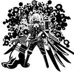  boku_(isizakitakasi) greyscale hair_over_one_eye kawashiro_nitori machinery mask monochrome short_hair touhou two_side_up weapon white_background 