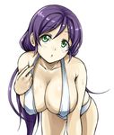  bent_over breasts cleavage green_eyes hanging_breasts large_breasts lips long_hair love_live! love_live!_school_idol_project low_twintails pas_(paxiti) puckered_lips purple_hair sideboob skindentation slingshot_swimsuit solo sweat swimsuit toujou_nozomi twintails 