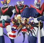  armor black_legwear blonde_hair brown_eyes brown_hair commentary_request gre-chan great_mazinger great_mazinger_(robot) green_eyes grenda-san grendizer helmet holding holding_sword holding_weapon long_hair looking_at_viewer machinery mazinger_z mazinger_z_(mecha) mecha multiple_girls personification pleated_skirt purple_background purple_eyes purple_hair red_skirt ribonzu robot_girls_z simple_background skirt smile sword thighhighs ufo_robo_grendizer unsheathed weapon z-chan zettai_ryouiki 
