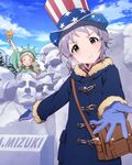  :&lt; america american_flag cosplay flag_print gloves grey_hair handa_roko hat idolmaster idolmaster_million_live! looking_at_viewer makabe_mizuki mount_rushmore multiple_girls official_art parka print_hat silver_hair snow snow_sculpture solo_focus statue_of_liberty statue_of_liberty_(cosplay) top_hat twintails yellow_eyes 