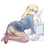  :o all_fours ass baker_(gundam_bf) blonde_hair blue_eyes crotch_seam gundam gundam_build_fighters high_heels long_hair looking_at_viewer looking_back panties panties_under_pantyhose pantyhose solo thighband_pantyhose ueyama_michirou underwear 