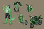  anthro biceps claws clothing facial_piercing flexing green_skin grin hair inanimate lizard male motorbike motorcycle muscles nose_piercing nose_ring open_mouth piercing plain_background pose purple_eyes purple_hair reptile scales scalie shorts smile solo standing toe_claws topless transformation vehicle vehicle_transformation what 