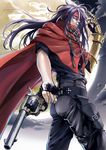  1boy black_hair cape final_fantasy final_fantasy_vii gun headband long_hair looking_at_viewer male male_focus moon red_eyes solo vincent_valentine weapon yonesuke 