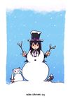  :3 akemi_homura black_hair blue_background bomb branch dual_wielding hat holding kyubey long_hair looking_at_viewer mahou_shoujo_madoka_magica pointy_ears purple_eyes silverxp simple_background snow snowing snowman weapon 