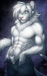  abs anthro biceps big_muscles clothing ear_piercing facial_piercing feline fur green_eyes grey_fur grey_hair hair jeans lion male mammal mane muscles orion pants pecs piercing pink_nose pose sheath smile solo standing strype teeth toned topless undressing white_lion 