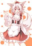  :d animal_ears apron blush daidai_ookami fang hat highres inubashiri_momiji looking_at_viewer open_mouth red_eyes short_hair silver_hair smile solo tail tokin_hat touhou wolf_ears wolf_tail 