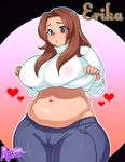  1girl agawa_ryou borrowed_character breasts brown_eyes brown_hair cameltoe character_name denim fat glasses hips huge_breasts jeans long_hair original pants plump solo thick_thighs thighs wide_hips 