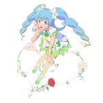  alternate_form anklet bare_legs blue_eyes blue_hair cure_princess earrings flower full_body green_skirt hair_flower hair_ornament happinesscharge_precure! highres jewelry kotobukidaifuku long_hair macadamia_hula_dance magical_girl oekaki precure red_flower red_rose rose shirayuki_hime shoes skirt smile solo twintails two_side_up white_background 