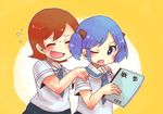  aioi_yuuko blue_eyes blue_hair book brown_hair fang multiple_girls naganohara_mio nichijou one_eye_closed school_uniform smile tokisadame_school_uniform twintails wataame_(quality) wince 