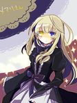  :&lt; black_dress blonde_hair blue_eyes bow character_name dress frown heterochromia long_hair mary_clarissa_christie mukudori10 multicolored multicolored_background shikkoku_no_sharnoth solo steampunk_(liarsoft) yellow_eyes 