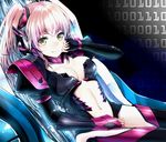  binary bodysuit breasts center_opening cleavage collar elbow_gloves gloves hair_ornament hanamuke headgear highres looking_at_viewer mecha_musume medium_breasts navel original pink_hair puffy_sleeves shoulder_pads side_ponytail sitting smile solo yellow_eyes 