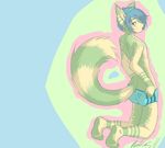  abstract_background blue_eyes blue_hair butt cat feline hair looking_at_viewer male mammal mobius solo topless underwear 