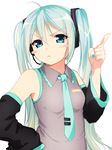  aqua_eyes aqua_hair bad_id bad_pixiv_id blush_stickers detached_sleeves eventh7 hand_on_hip hatsune_miku headset long_hair nail_polish necktie pointing solo twintails vocaloid white_background 