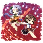  barefoot biwa_lute brown_eyes brown_hair chibi flower hair_flower hair_ornament hairband instrument lute_(instrument) multiple_girls musical_note one_eye_closed open_mouth purple_eyes purple_hair smile touhou tsukumo_benben tsukumo_yatsuhashi twintails ys_(fall) 