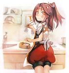  1girl bad_id bad_pixiv_id blush brown_eyes brown_hair caught cooking cowboy_shot hachimaki hair_ribbon headband high_ponytail ika japanese_clothes kantai_collection light_brown_hair looking_at_viewer looking_back muneate obentou ponytail ribbon short_hair smile solo sweatdrop zuihou_(kantai_collection) 