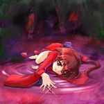  barefoot brown_hair dress footwear_removed kurame kusari_hime:_euthanasia long_hair lying on_side ponytail purple_background red_dress red_eyes sandals smile solo urase_shioji 